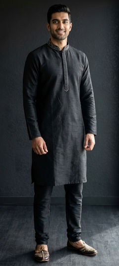 Black and Grey color Kurta Pyjamas in Dupion Silk fabric with Embroidered work