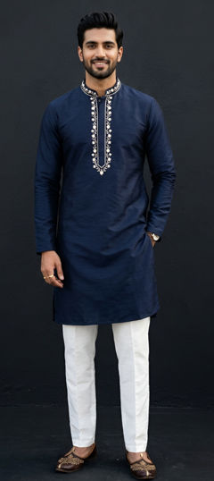 Blue color Kurta Pyjamas in Dupion Silk fabric with Embroidered work