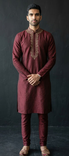 Red and Maroon color Kurta Pyjamas in Dupion Silk fabric with Embroidered work