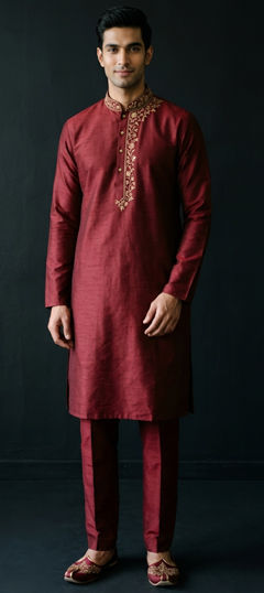 Red and Maroon color Kurta Pyjamas in Dupion Silk fabric with Embroidered work
