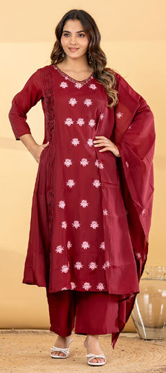 Red and Maroon color Salwar Kameez in Mul Chanderi fabric with Embroidered work