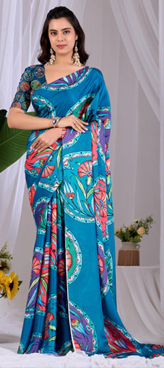 Blue color Saree in Georgette, Satin Silk fabric with Printed work