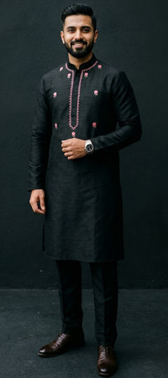 Black and Grey color Kurta Pyjamas in Dupion Silk fabric with Embroidered work