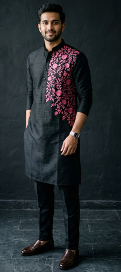 Black and Grey color Kurta Pyjamas in Dupion Silk fabric with Embroidered work