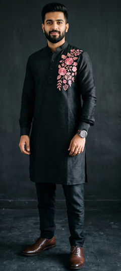 Black and Grey color Kurta Pyjamas in Dupion Silk fabric with Embroidered work