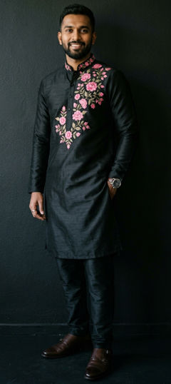 Black and Grey color Kurta Pyjamas in Dupion Silk fabric with Embroidered work