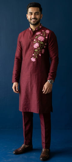 Red and Maroon color Kurta Pyjamas in Dupion Silk fabric with Embroidered work