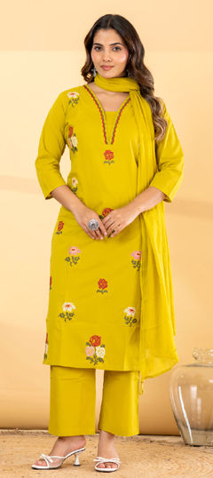 Yellow color Salwar Kameez in Cotton fabric with Embroidered, Resham, Thread work