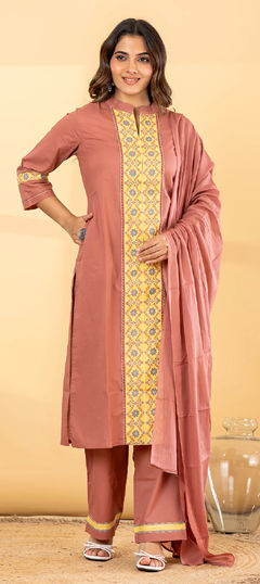 Beige and Brown color Salwar Kameez in Cotton fabric with Lace work
