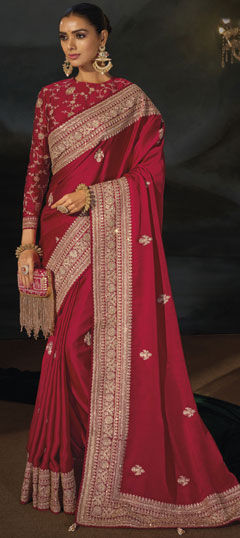 Red and Maroon color Saree in Satin Silk, Viscose fabric with Cut Dana, Embroidered, Mirror, Resham, Sequence, Zari work