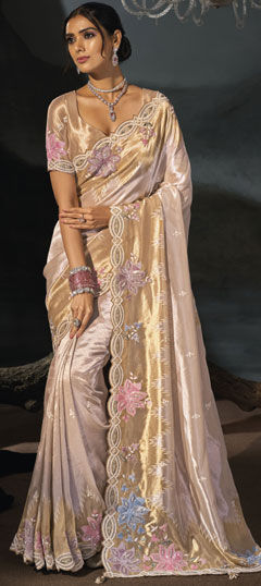Beige and Brown color Saree in Silk fabric with Cut Dana, Embroidered, Mirror, Moti, Sequence, Thread, Zari work