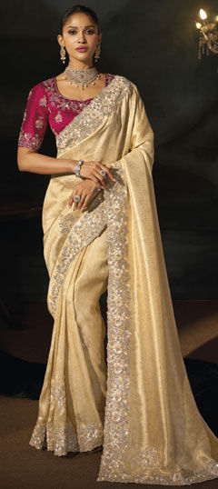 Beige and Brown color Saree in Kanjeevaram Silk fabric with Cut Dana, Embroidered, Mirror, Moti, Sequence, Thread, Zari work