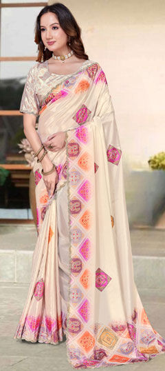 White and Off White color Saree in Silk fabric with Border, Zircon work