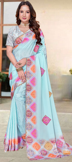Blue color Saree in Silk fabric with Border, Zircon work