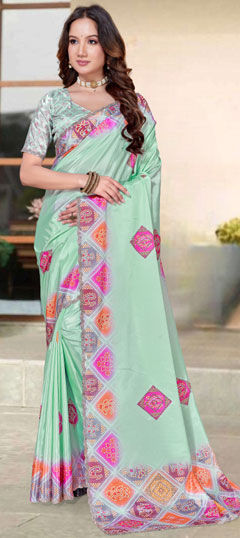 Green color Saree in Silk fabric with Border, Zircon work