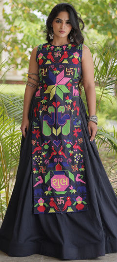 Black and Grey color Long Lehenga Choli in Cotton fabric with Embroidered work