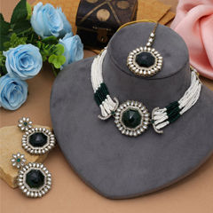 Gold Rodium Polish Green color Necklace in Metal Alloy studded with CZ Diamond