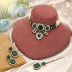 Gold Rodium Polish Green color Necklace in Metal Alloy studded with CZ Diamond