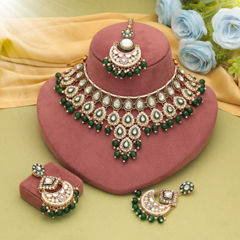 Gold Rodium Polish Green color Necklace in Metal Alloy studded with CZ Diamond