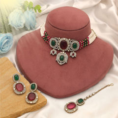 Gold Rodium Polish Multicolor color Necklace in Metal Alloy studded with CZ Diamond