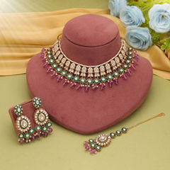 Gold Rodium Polish Multicolor color Necklace in Metal Alloy studded with CZ Diamond