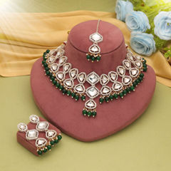 Gold Rodium Polish Green color Necklace in Metal Alloy studded with CZ Diamond