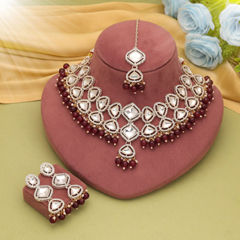 Gold Rodium Polish Red and Maroon color Necklace in Metal Alloy studded with CZ Diamond