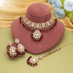 Gold Rodium Polish Red and Maroon color Necklace in Metal Alloy studded with Beads, CZ Diamond