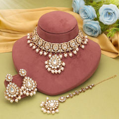 Gold Rodium Polish White and Off White color Necklace in Metal Alloy studded with Beads, CZ Diamond