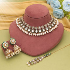 Gold Rodium Polish White and Off White color Necklace in Metal Alloy studded with Beads, CZ Diamond
