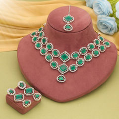 Gold Rodium Polish Green color Necklace in Metal Alloy studded with CZ Diamond