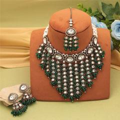 Gold Rodium Polish Green color Necklace in Metal Alloy studded with CZ Diamond
