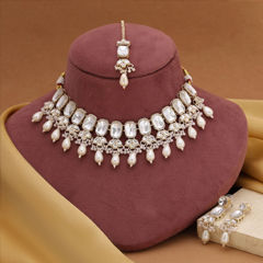 Gold Rodium Polish White and Off White color Necklace in Metal Alloy studded with Kundan, Pearl