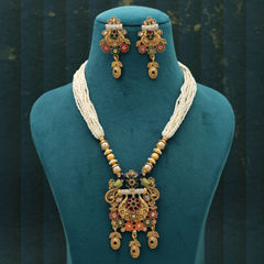 Gold Rodium Polish Multicolor color Necklace in Metal Alloy studded with Kundan