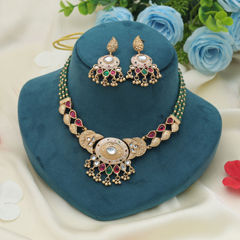 Gold Rodium Polish Multicolor color Necklace in Metal Alloy studded with Beads, Kundan