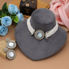Gold Rodium Polish White and Off White color Necklace in Metal Alloy studded with CZ Diamond, Pearl