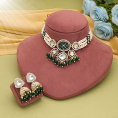 Gold Rodium Polish Green color Necklace in Metal Alloy studded with CZ Diamond, Pearl