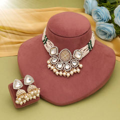 Gold Rodium Polish White and Off White color Necklace in Metal Alloy studded with CZ Diamond, Pearl