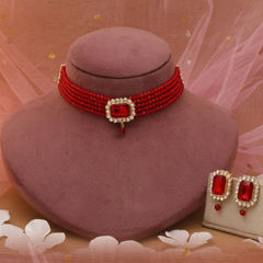 Gold Rodium Polish Red and Maroon color Necklace in Metal Alloy studded with CZ Diamond, Pearl