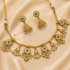 Gold Rodium Polish Green, White and Off White color Necklace in Copper studded with Kundan, Pearl