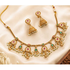 Gold Rodium Polish Multicolor color Necklace in Copper studded with Kundan, Pearl