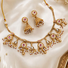 Gold Rodium Polish Pink and Majenta color Necklace in Copper studded with CZ Diamond, Kundan, Pearl