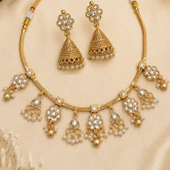Gold Rodium Polish White and Off White color Necklace in Copper studded with CZ Diamond, Kundan, Pearl