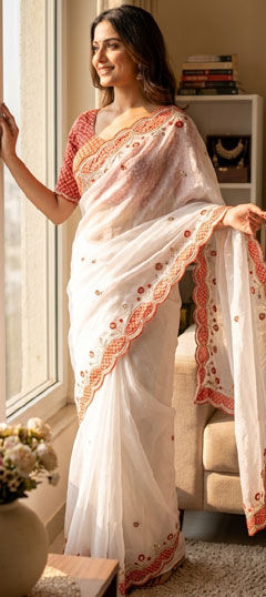 Red and Maroon, White and Off White color Saree in Silk fabric with Applique, Embroidered, Sequence, Thread work