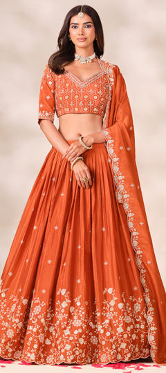Beige and Brown color Lehenga in Chinon Silk fabric with Embroidered, Sequence work