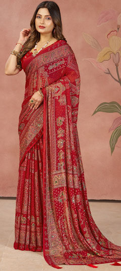 Pink and Majenta color Saree in Silk fabric with Mirror, Printed work