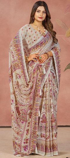 Beige and Brown color Saree in Silk fabric with Mirror, Printed work