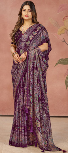 Purple and Violet color Saree in Silk fabric with Mirror, Printed work
