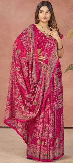 Pink and Majenta color Saree in Silk fabric with Mirror, Printed work