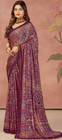 Purple and Violet color Saree in Silk fabric with Mirror, Printed work